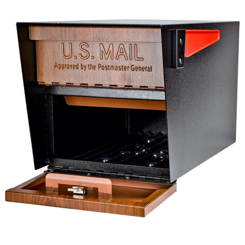 Wood Grain Curbside Locking Mailbox Built Tough Steel USPS Approved Anti Identity Theft Security 14 To 16 Gauge Welded Construction Weather Resistant Black Finish Baffle Door For Small Packages Residential Secure Mailbox