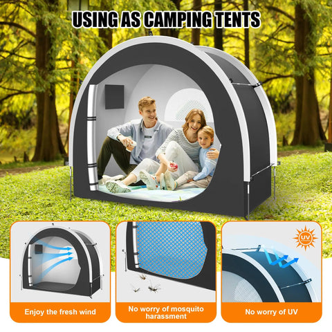 39.4 Inch Wider All Weather Outdoor Storage Shed Tent used as camping tent with family inside on grass