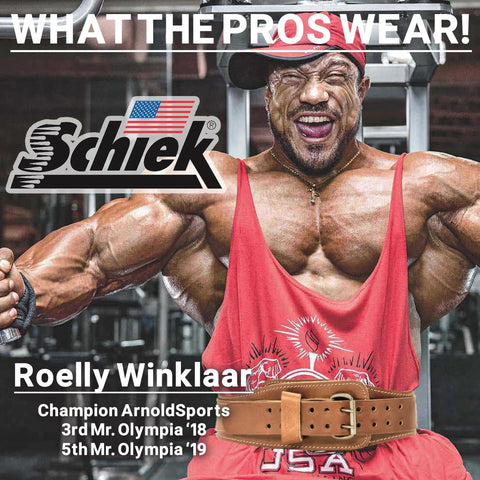 Premium Genuine Leather Weightlifting Belt 6 Inch Wide Quick Lock Double Prong Buckle on bodybuilder in gym setting.