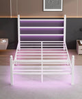Sleek White Full Size Bed Frame With Built In Led Accents And Dual Usb Ports, Hella Solid Steel Slat Base For Zero Grind Noise, Tall Headboard For Lazy Reading Vibes, Roomy Under Bed Storage, Truly No Box Spring Needed, Quick Easy Setup, showcasing LED accents.