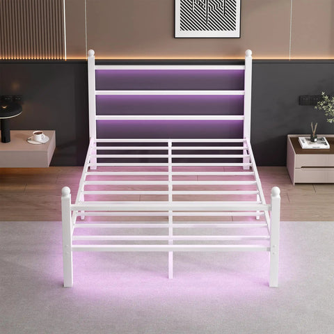 Sleek White Full Size Bed Frame With Built In Led Accents And Dual Usb Ports, Hella Solid Steel Slat Base For Zero Grind Noise, Tall Headboard For Lazy Reading Vibes, Roomy Under Bed Storage, Truly No Box Spring Needed, Quick Easy Setup, showcasing LED accents.