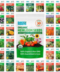 Heirloom Organic Non GMO Seeds Bundle USA Grown, 30 Count Mix Of Herbs Fruits Flowers And Veggies, Assortment May Vary, Guaranteed To Grow, Easy Do It Yourself Garden Starter Kit For All Seasons product packaging with seed varieties displayed.