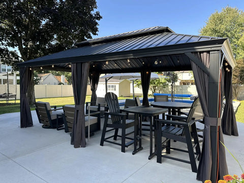12 By 20 Ft Permanent Hardtop Aluminum Gazebo With Rock Solid Galvanized Steel Roof And Double Roof Design For Patio Lawn And Garden Includes Curtains And Netting Grey shown in outdoor setting.