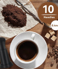 Espresso Distribution Tool With 0.4mm 10 Needle Stirrer next to coffee cup and grounds