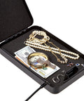 Open Heavy Duty Portable Security Case Lock Box Safe with Combination Lock for Documents and Valuables, showcasing jewelry inside