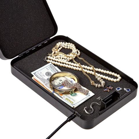 Open Heavy Duty Portable Security Case Lock Box Safe with Combination Lock for Documents and Valuables, showcasing jewelry inside