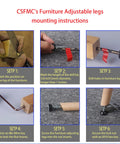 CSFMC’s furniture adjustable legs mounting instructions showing steps for using Premium Adjustable Furniture Levelers With Super Slick PTFE Swivel Feet For Tables And Couches No Sweat Rattle Fix Quarter Inch 20 Thread Shank Nuts Included Solid Four Pack