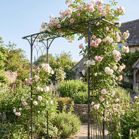 Steel Garden Arch For Climbing Plants 6 Ft 9 In High By 4 Ft 11 In Wide Weather Resistant Black Epoxy Finish Outdoor Yard Arbor Built To Show Off Vines And Flowers Easy Setup For Your Patio Garden Lawn Backyard with pink roses in a lush garden setting.