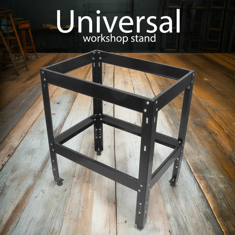 Front view of a universal workshop stand made of black steel with adjustable legs, resembling a Beefed Up Heavy Duty Router Table Stand For Workshop.