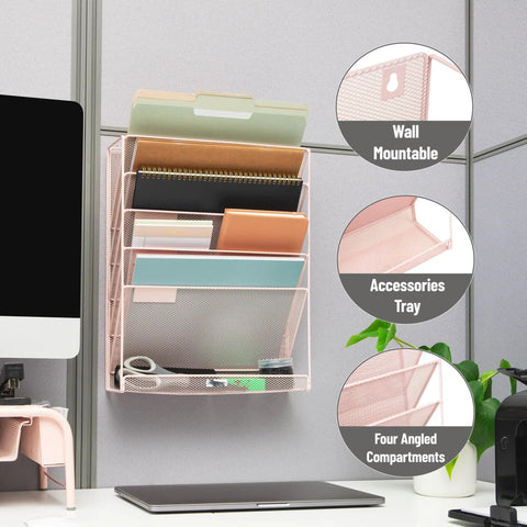 Top Shelf Pink Metal Mesh Vertical File Storage Desktop Organizer With Hella Angled Pockets For Folders And Documents Wall Mount Ready For Offices And Home Desks To Keep Your Workspace Slick
