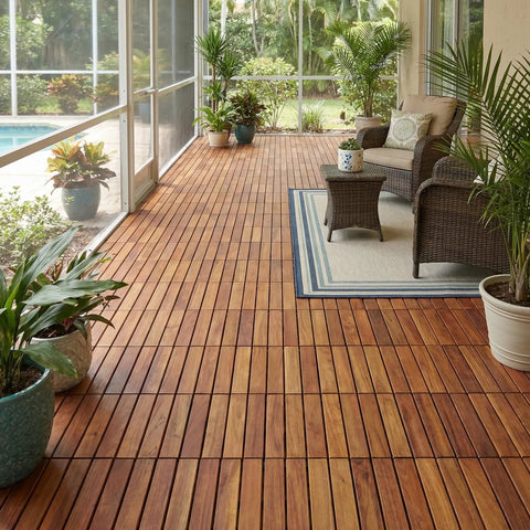 EZ-Floor Interlocking Teak Flooring Tiles With Solid Teak Wood Oil Finish Long Slat Set Of 10 Easy DIY Installation No Tools Needed For Indoor Or Outdoor Use Durable Weatherproof Deck Tiles For Patios Balconies Or Sunrooms