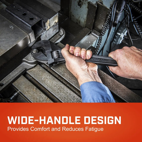 Using Heavy Duty Adjustable Black Oxide Wrench With Tapered Handle And Hex Jaw Design For No Slip Grips on metal surface.