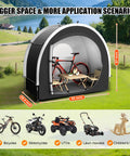 39.4 Inch Wider All Weather Outdoor Storage Shed Tent with bikes and chairs, measuring 83 inches wide and 67 inches tall on lawn.