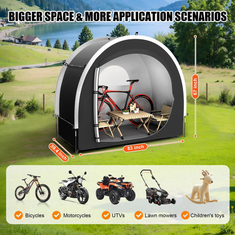 39.4 Inch Wider All Weather Outdoor Storage Shed Tent with bikes and chairs, measuring 83 inches wide and 67 inches tall on lawn.