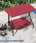 Three Seat Outdoor Porch Swing With Stand 2 In 1 Convertible Lounger Bed next to poolside, red cushion and canopy, patio setting