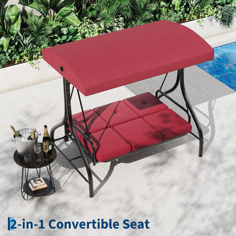 Three Seat Outdoor Porch Swing With Stand 2 In 1 Convertible Lounger Bed next to poolside, red cushion and canopy, patio setting