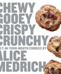 Chewy Gooey Crispy Crunchy Cookies By Alice Medrich hardback book cover with delicious chocolate chip cookies.