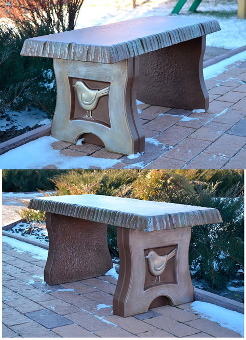 DIY Concrete Bench Mold Set Three Piece For Outdoor Patio Garden Benches Easy To Use Top Bench Forty Inch Long And Two Leg Molds Reusable Casting Tool Model B04 Kit installed on patio.