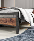 Close-up of Top Tier Queen Platform Bed Frame With Solid Wooden Headboard Heavy Duty Steel Base showcasing under bed storage.