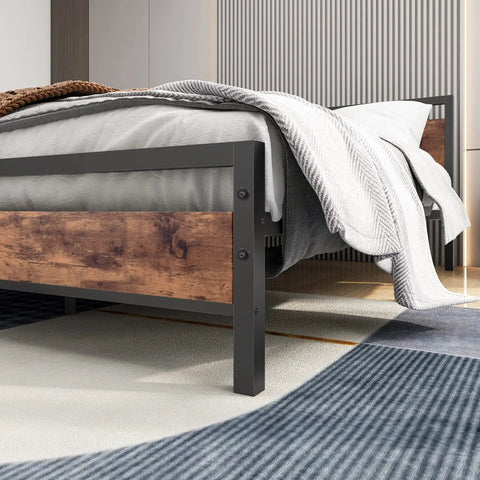 Close-up of Top Tier Queen Platform Bed Frame With Solid Wooden Headboard Heavy Duty Steel Base showcasing under bed storage.