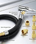 Heavy Duty 20 Inch Tire Inflator Hose With Self Locking Air Chuck Quick Release Button Fits Compressor Tools In Tight Spaces Support Schrader And Presta Valve Threads For Filling Jobs On Ride No Sweat Required For Daily Grind, nylon-wrapped hose with Presta adapters