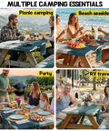 Multiple scenes showing Waterproof Picnic Table Cover With Bench Covers, Elastic Fitted 96 Inch Table And 12 Inch Benches in use outdoors