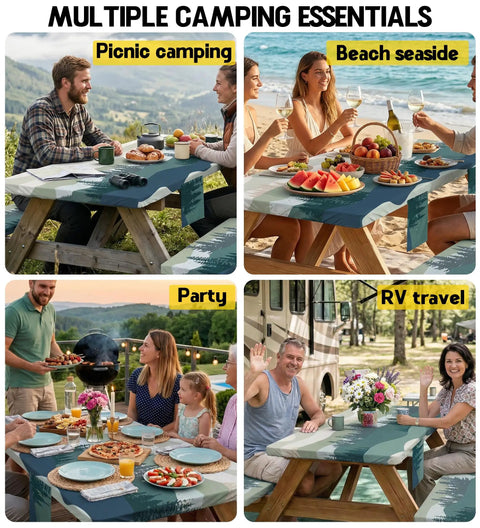 Multiple scenes showing Waterproof Picnic Table Cover With Bench Covers, Elastic Fitted 96 Inch Table And 12 Inch Benches in use outdoors