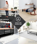 Image showing Interlocking Foam Gym Mats Set With Edge Pieces for full floor protection used in home office, gym, garage, and living room