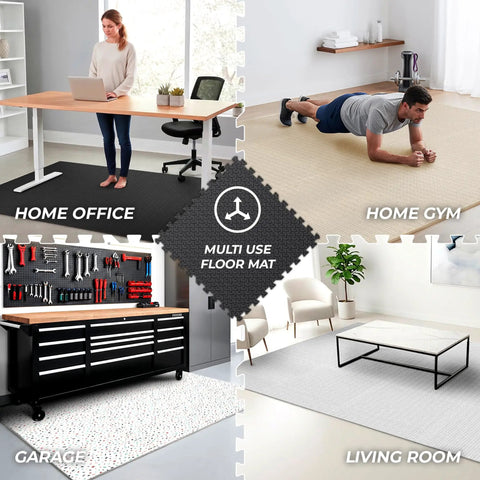 Image showing Interlocking Foam Gym Mats Set With Edge Pieces for full floor protection used in home office, gym, garage, and living room