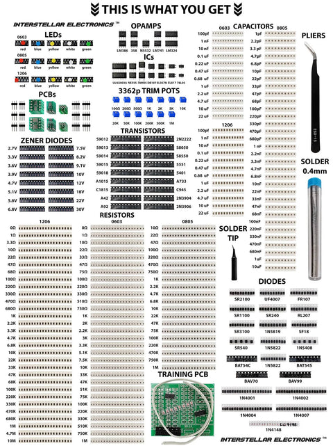 SMD Component Assortment Kit 1206 0805 0603 Includes Resistors Capacitors Diodes Transistors LEDs Op Amps ICs overview