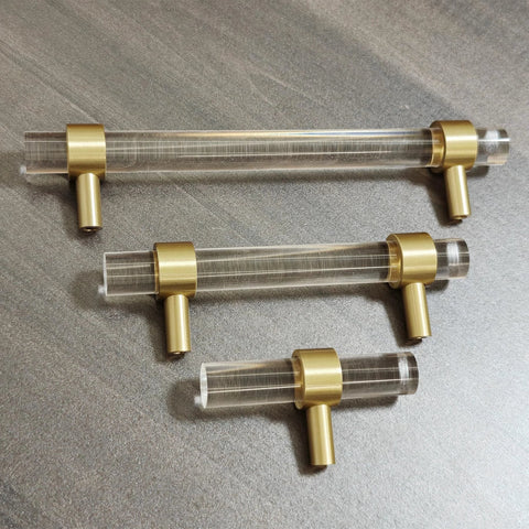 Adjustable Acrylic And Brass Cabinet Pulls With Center To Center Range 0 To 6 Point 2 Inches Four Piece Set In Modern Gold And Clear Finish
