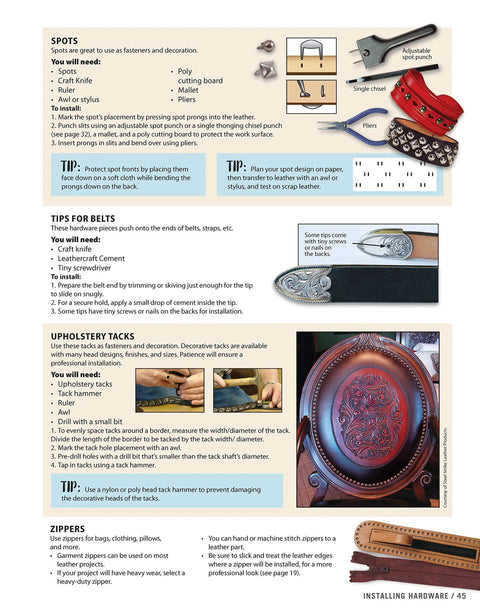 Page from Leather Crafting Starter Guide With Step By Step Techniques For Beginners Includes Pattern Prep Tools Stamps Embossing Stitching Braiding Finishes And Project Ideas To Kickstart Your Handmade Leather Journey showing spots, tips for belts, upholstery tacks, and zippers.