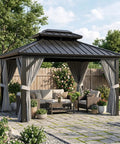 Built Tough 10 Foot By 12 Foot Aluminum Hardtop Gazebo With Double Metal Roof And All Weather Permanent Outdoor Canopy in garden.