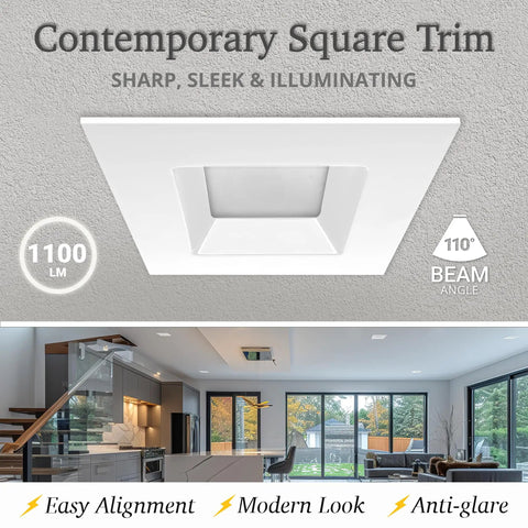 6 Inch Square LED Recessed Downlight Kit With 5 CCTs 2700K Through 5000K, 1100 Lumens 14W, Dimmable, Wet Rated ETL Square Can Light For Bathrooms, Kitchens, And Living Areas, Retrofit Recessed Housing