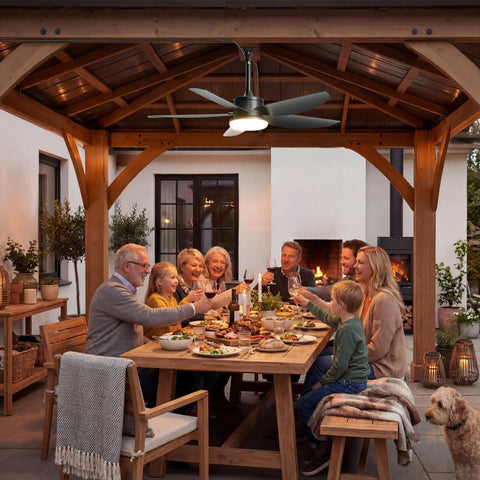 Family dining under Outdoor Ceiling Fan With Lights 42 Inch Wet Rated IP65 Plug In Gazebo Patio Fan, wooden gazebo setting