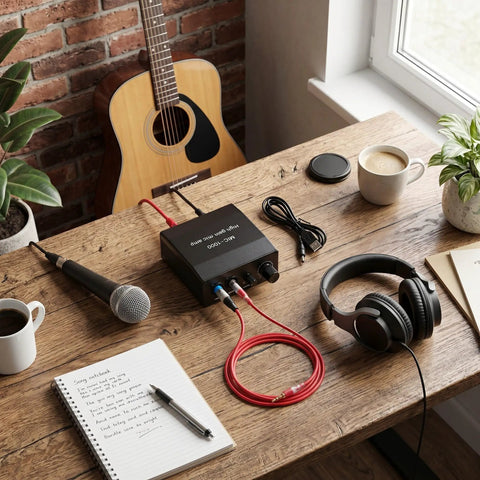 All In One Studio Mic Preamplifier And Power Amplifier for home recording on wooden desk with guitar and headphones