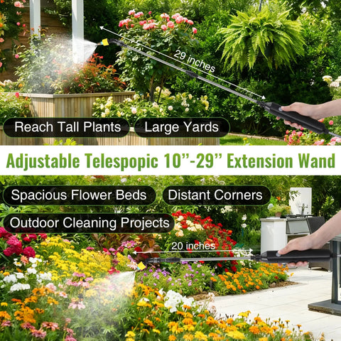Battery Powered Sprayer Wand With 32 Ft Hose And 3 Adjustable Speeds For Easy Garden Watering, Long Reach, shown in garden setting