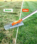 Heavy Duty Thatch Rake for Lawns 15 Inch with Detachable 64 Inch Handle and Adjustable Head shown before and after use on grass