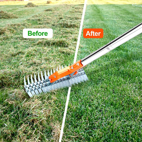 Heavy Duty Thatch Rake for Lawns 15 Inch with Detachable 64 Inch Handle and Adjustable Head shown before and after use on grass