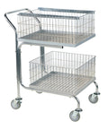 Heavy Duty Steel Mail Cart For Hospital Nursing Units With Quiet Roller Casters, two-tiered, with wire baskets for efficient sorting.