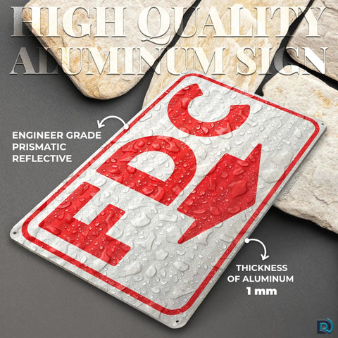 Heavy Duty FDC Sign With Down Arrow 18 X 12 Inch 0 040 Aluminum under water droplets on a textured surface.