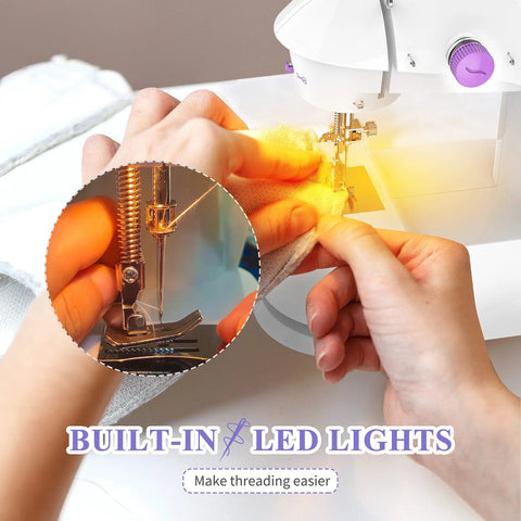 Beginner Friendly Mini Sewing Machine Kit With Finger Guard and built-in LED lights for threading assistance.