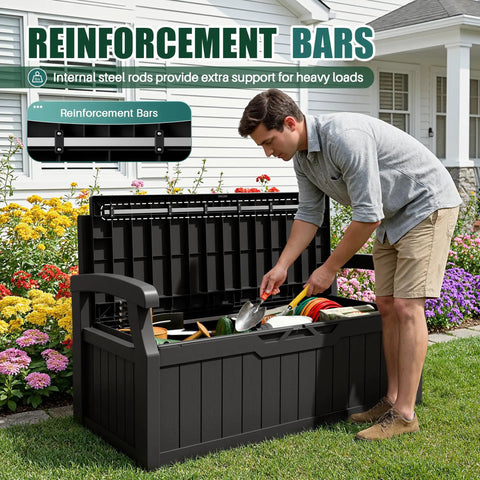 Man storing garden tools in 80 Gallon Lockable Storage Bench Deck Box For Patio Furniture And Outdoor Gear, Space Saving Outdoor Storage.