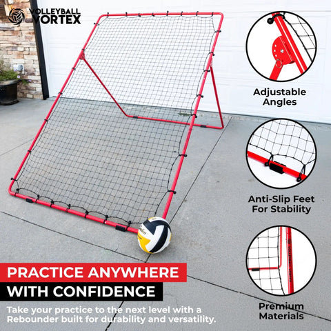 Adjustable 7x5 Volleyball Practice Rebounder Net for Quick Returns Portable Training Gear Game Changer for Bumping Spiking and Serving Angle Adjustable Return Net for Indoor or Outdoor Sessions Coach Designed set up on a driveway.