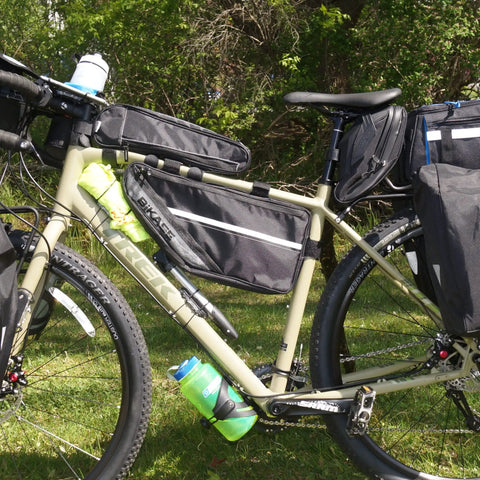 Long John Frame Bag For Bikes With Dual Duty Top Tube And Frame Storage, Side Zippers For Easy Access, mounted on bicycle