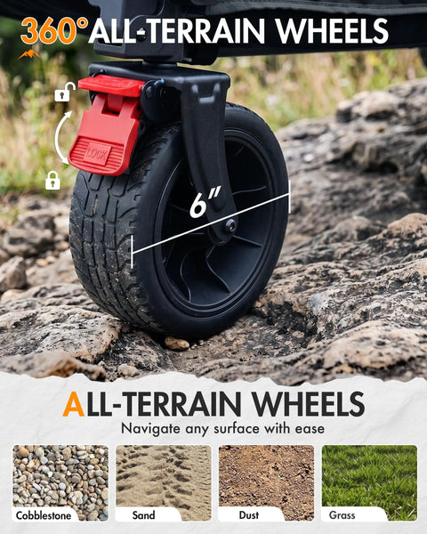 Collapsible Utility Wagon With Big Wheels, 300L Extra Large Foldable Cart showing 6-inch all-terrain wheel on rocky surface
