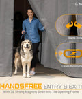 Woman and dog using Keep It Breezy With This Hands Free Magnetic Garage Door Screen 9x8 ft, showing strong magnets for easy use