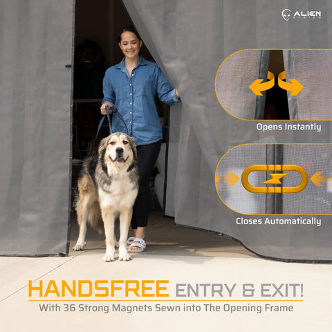 Woman and dog using Keep It Breezy With This Hands Free Magnetic Garage Door Screen 9x8 ft, showing strong magnets for easy use
