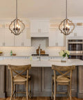 Kitchen island with Cozy Farmhouse Orb Chandelier Handmade From Solid Wood With Openwork Quatrefoil And Bronze Rustic Arms