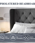 Close-up of Modern Queen Bed Frame with Sturdy Button Tufted Wingback Headboard in Cool Dark Grey, showcasing comfortable design.